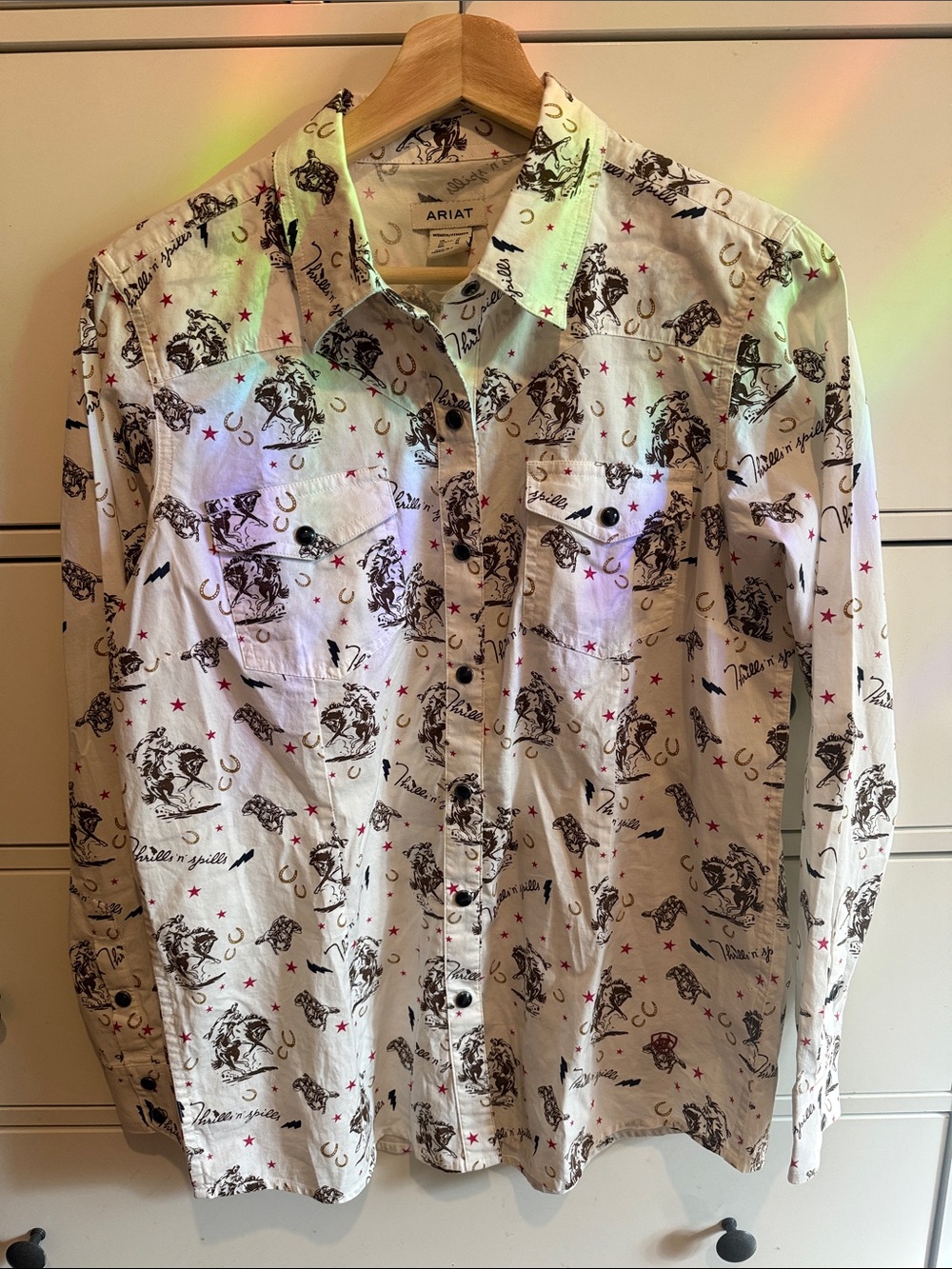 Ariat Women’s Off White Western Print Button-Down with Cowboys Riding Horses
